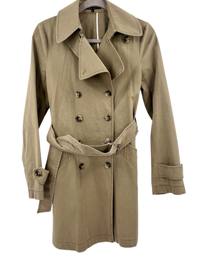 Theory Women's Light Green Double Breasted Belted Trench Coat Medium